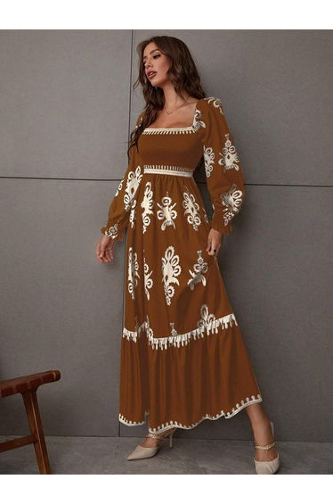 Women Bronze Printed Square Neck Maxi Dress