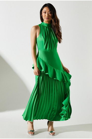 Sleeveless Ruffle Pleat Satin Back Crepe Dress