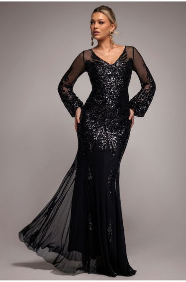 Embellished Sequin Bishop Sleeve Maxi Dress - Black by Goddiva