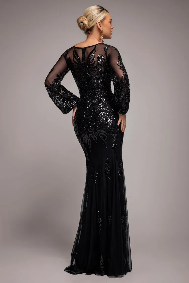 Embellished Sequin Bishop Sleeve Maxi Dress - Black by Goddiva - 1