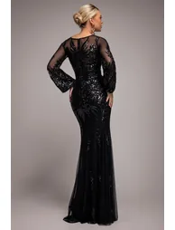 Embellished Sequin Bishop Sleeve Maxi Dress - Black by Goddiva - 1