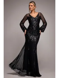 Embellished Sequin Bishop Sleeve Maxi Dress - Black by Goddiva - 2