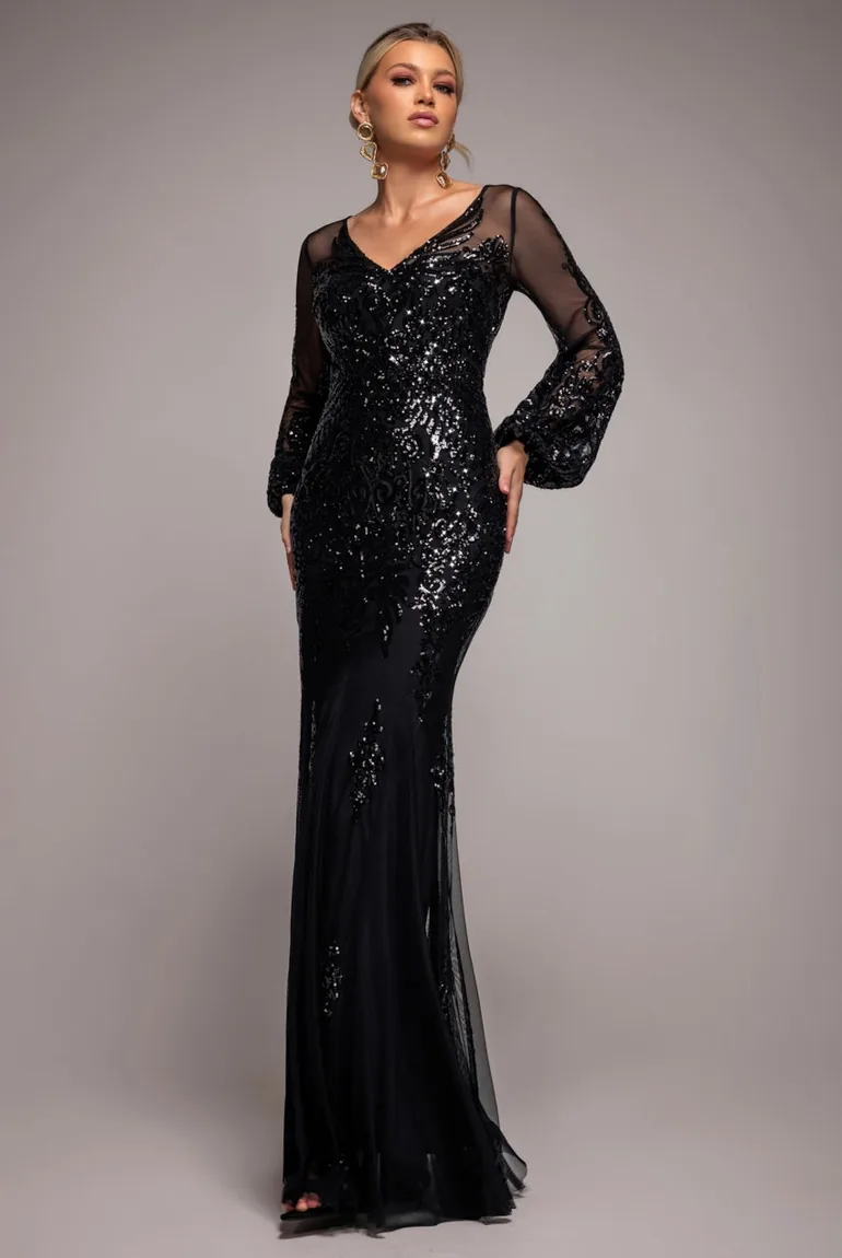 Embellished Sequin Bishop Sleeve Maxi Dress - Black by Goddiva