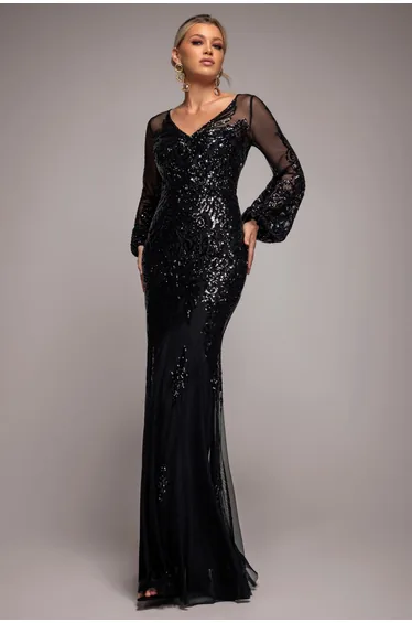 Embellished Sequin Bishop Sleeve Maxi Dress - Black by Goddiva