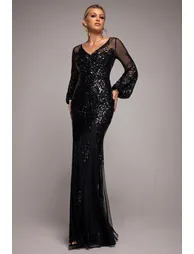 Embellished Sequin Bishop Sleeve Maxi Dress - Black by Goddiva