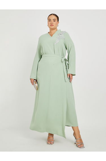 Plus Size Solid Collared Wrap Look Jalabiya with Lace Patch Detail