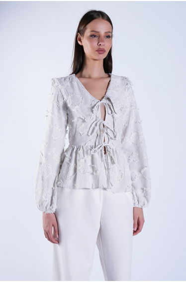 Women's Ecru Gray Baby Collar Tie Detail Tasseled Woven Blouse