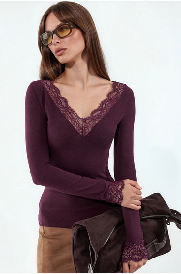 BUSEM Women's Long-Sleeve Lace V-Neck Top