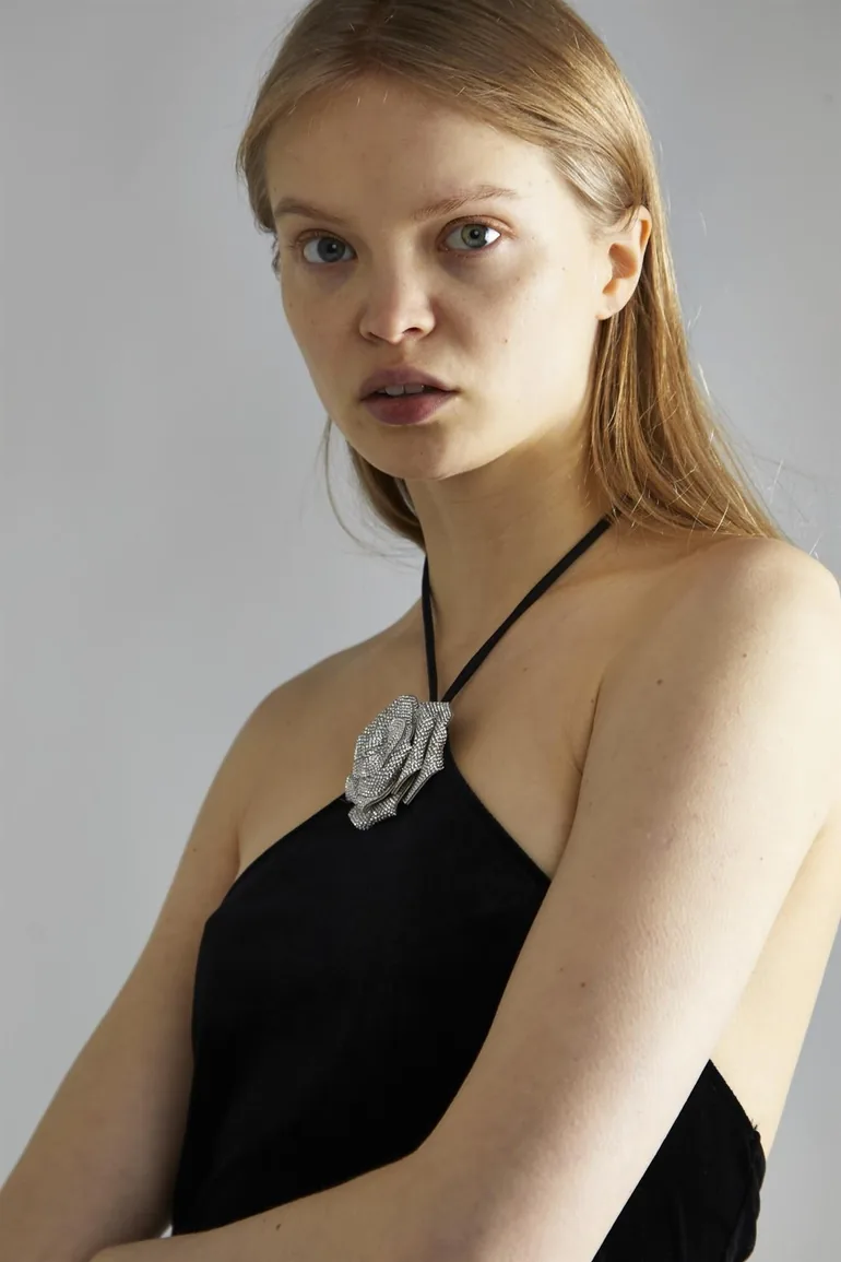 Black-Velvet Halter-Neck Rhinestone-Corsage Mini-Dress - 3