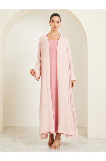 Women Pink Jacquard Open Front Abaya