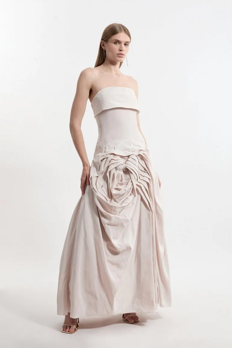 Taffeta Bandeau Tailored Rosette Pleat Maxi Dress