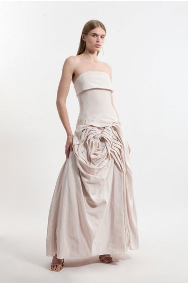 Taffeta Bandeau Tailored Rosette Pleat Maxi Dress