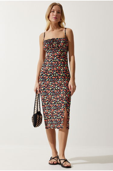 Women's Black Orange Floral Slit Summer Knitted Dress