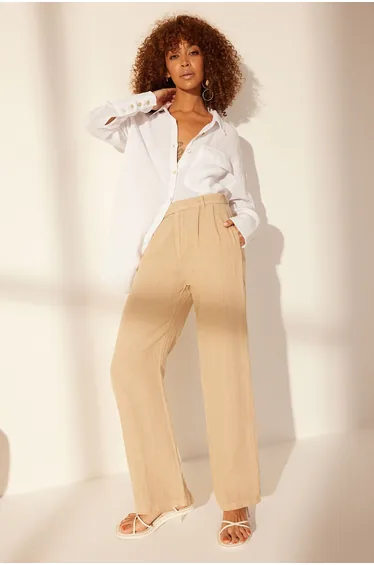 Beige 100% Linen Pleated High Waist Wide Leg Trousers