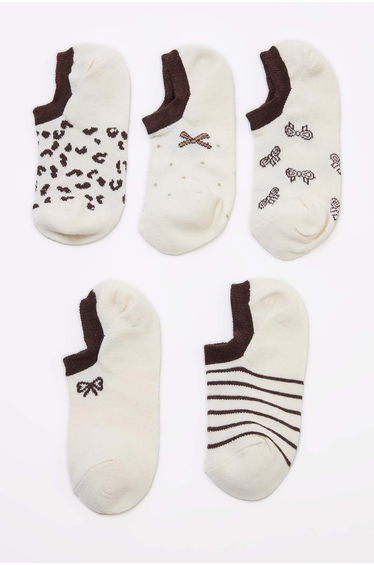 Ecru-Brown 5-Piece Embroidered Jacquard Knitted Socks