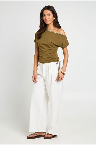 Off the Shoulder Pearlised Button Top - khaki
