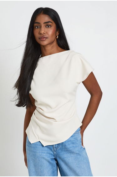 Woven Ruched Side Split Top - ecru