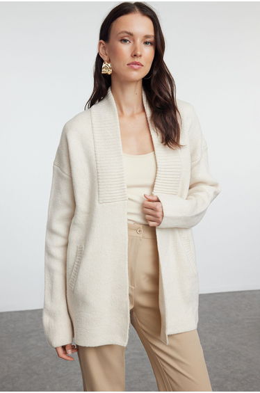 Stone Wide Fit Soft Textured Knitwear Cardigan