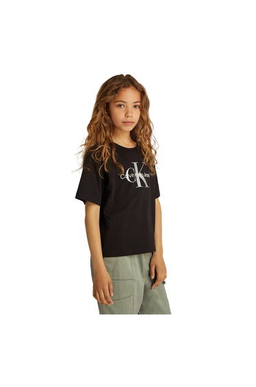 Calvin Klein Girls Glitter Logo Crew Neck T-Shirt - Black