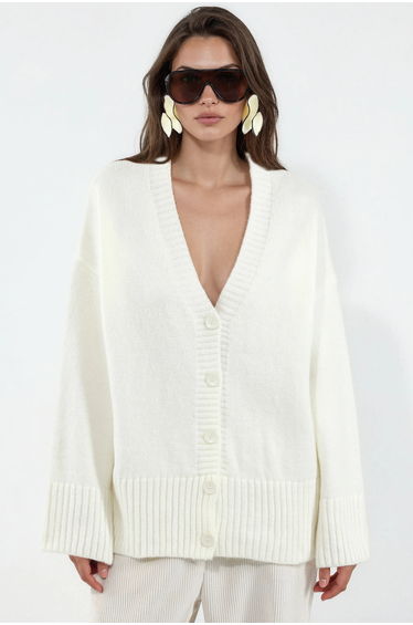 VIORNA Ribbed V-Neck Button Cardigan