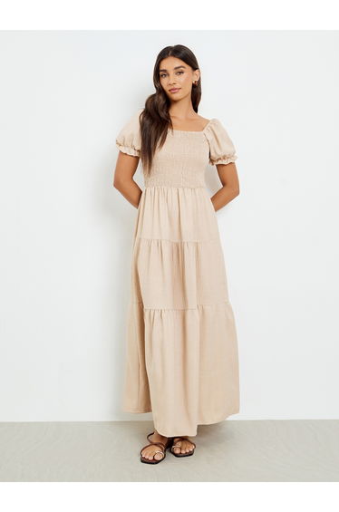 Beige Square Neck Tiered Maxi Dress