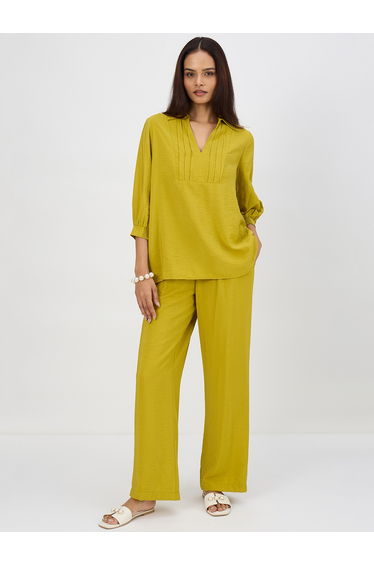 Women Green Pleat Detail Top with Trousers Co-Ords