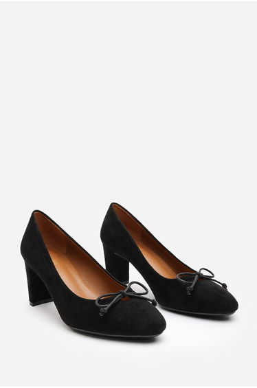 Oceana Black Suede Block Heel Court Shoe with Bow Detail