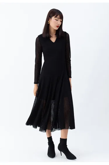 Textured Embroidery V-Neck Frilling Dress in Black