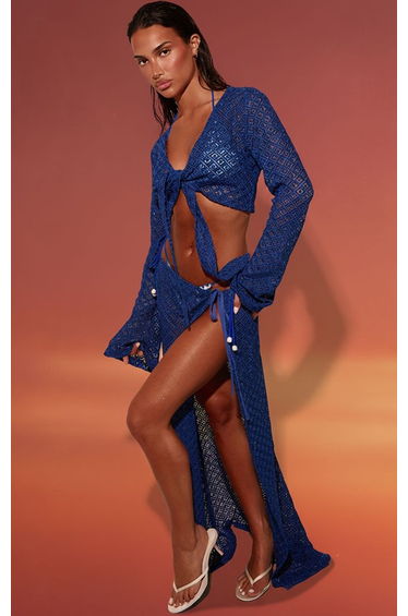 Cobalt Crochet Split Hem Beach Maxi Skirt