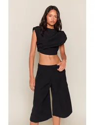 Black Tailored Gathered Cap Sleeve Cinched Top - 1