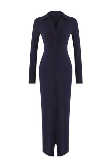 Limited Edition Navy Blue Polo Neck Button-Down Bodycone/Fits Maxi Knit Dress
