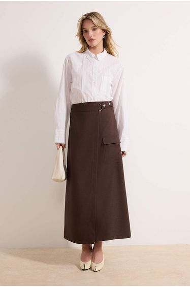 Brown Double-Breasted Maxi Woven Skirt with Pocket Detail