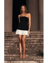 premium black woven bandeau contrast pleated hem mini dress Zapaka Women Little Black Dress Satin Strapless Cocktail Dress  ZAPAKA