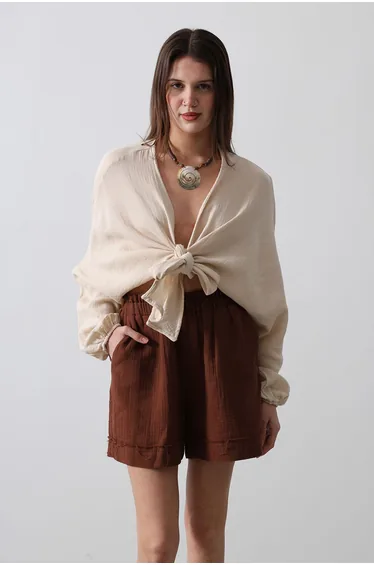 Brown Elastic Waist Mini Muslin Shorts