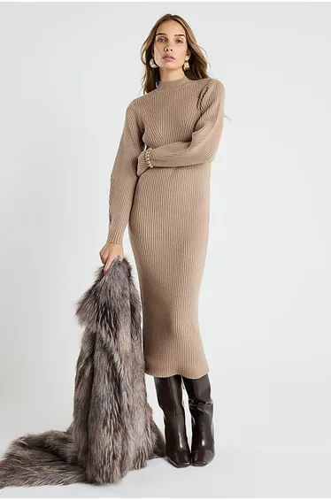 Beige Knitted Structured Sleeve Midi Dress