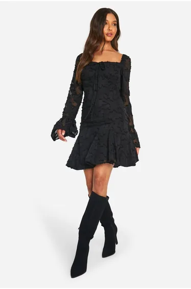 Burnout Floral Milkmaid Mini Dress - black