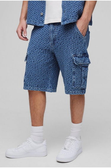 Relaxed Textured Denim Cargo Shorts