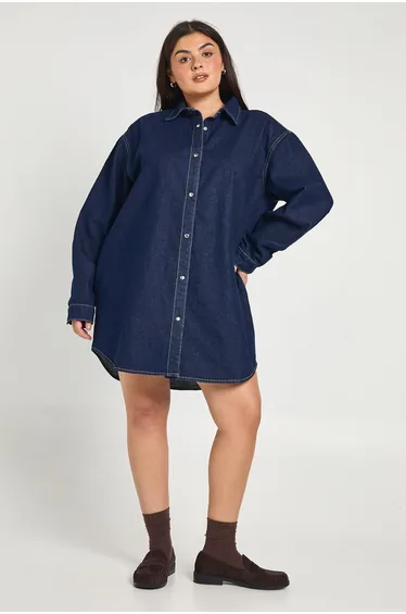 Plus Oversized Denim Shirt Dress - indigo