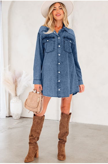Lvness Blue Beau Chest Pocket Raw Hem Denim Loose Shirt Dress