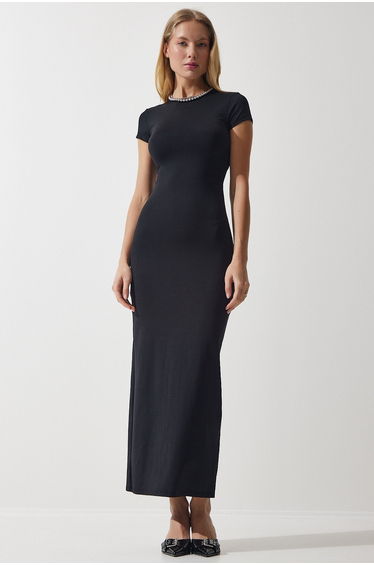 Women's Black Crew Neck Wraparound Sandy Knitted Dress