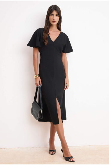 Black Bodycon V-Neck Angel Sleeve Short Sleeve Crepe Knitted Dress