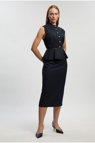 Petite Tailored Pinstripe Peplum Belted Midi Dress