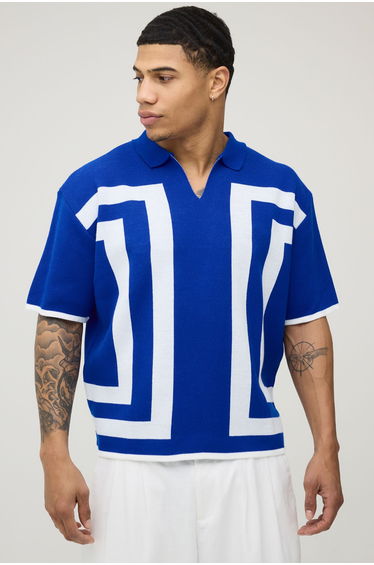 Oversized Boxy Border Knitted Polo - blue