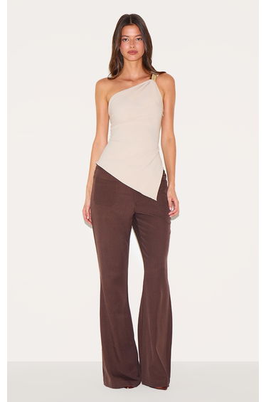 Cream Asymmetric One Shoulder Trim Detail Long Top