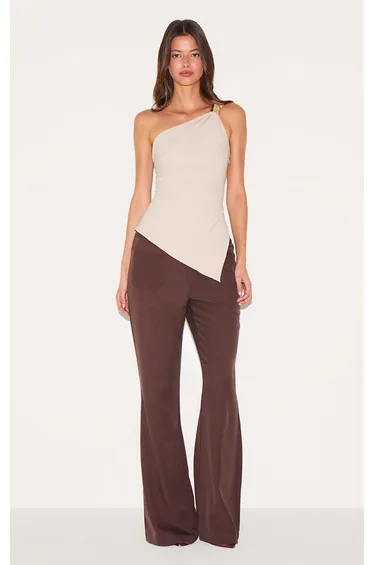 Cream Asymmetric One Shoulder Trim Detail Long Top