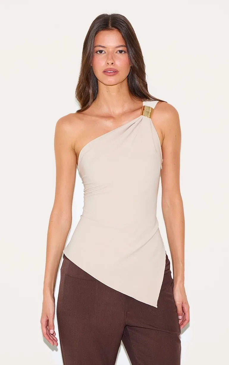 Cream Asymmetric One Shoulder Trim Detail Long Top - 1