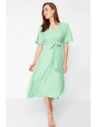 Green Tie Detailed Midi Woven Midaxi Dress - 1