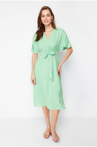 Green Tie Detailed Midi Woven Midaxi Dress