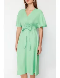 Green Tie Detailed Midi Woven Midaxi Dress - 3