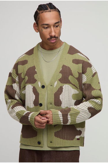 Oversized Boxy Ribbed Camo Knitted Cardigan - green